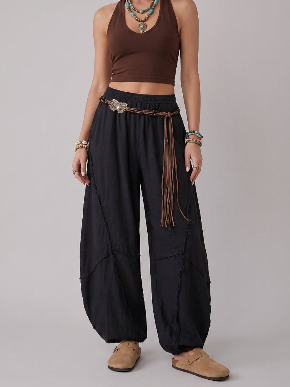 Women's Black Cotton Harem Pants Elastic Waist Raw Edge Fringe Boho Trousers